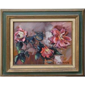 Czeslaw Zawadzinski "bouquet De Roses"  Huile Sur Carton 33x41